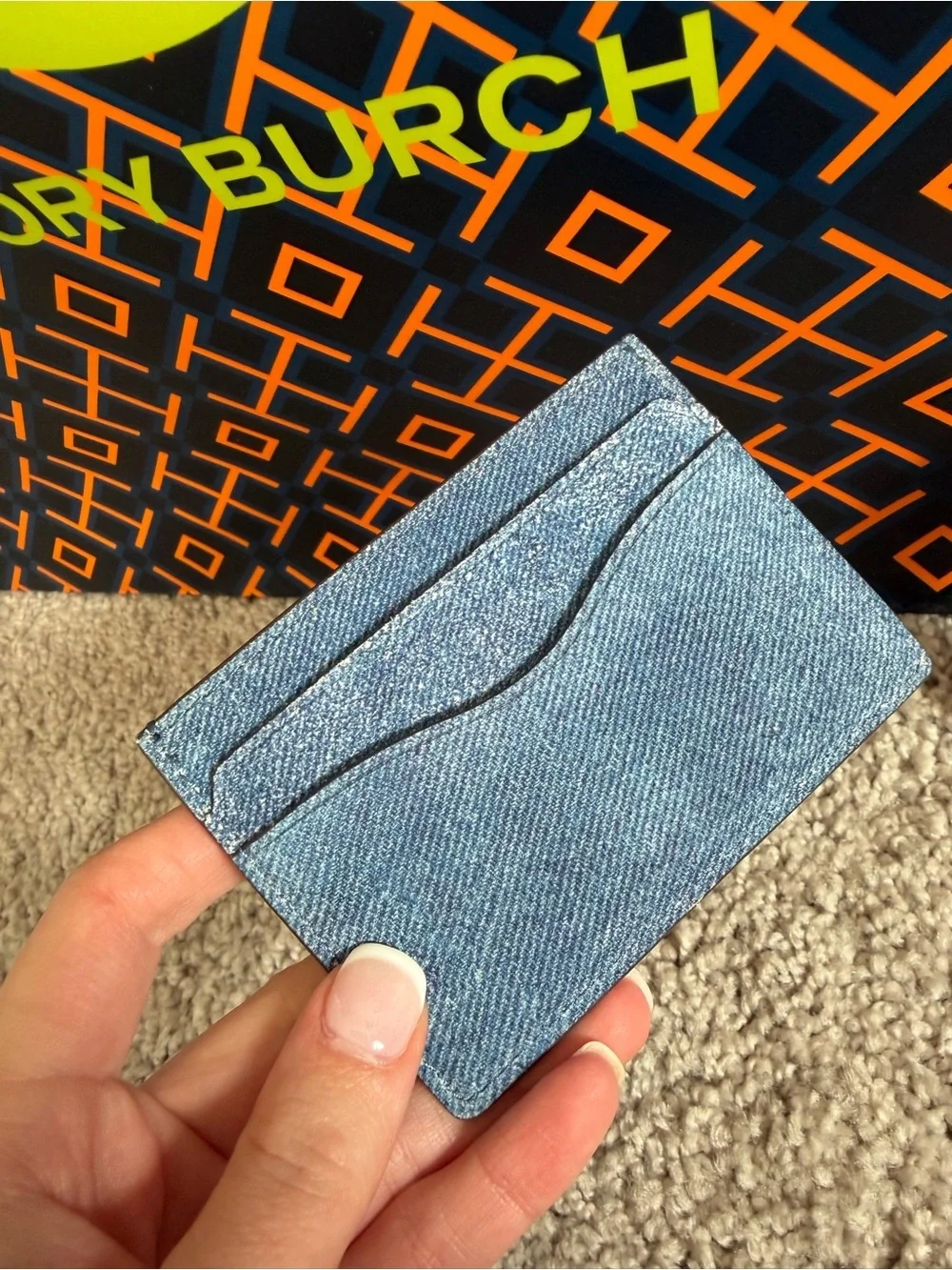 Tory Burch Emerson Denim Suede Slim Card Case Dark Denim Blue Soft